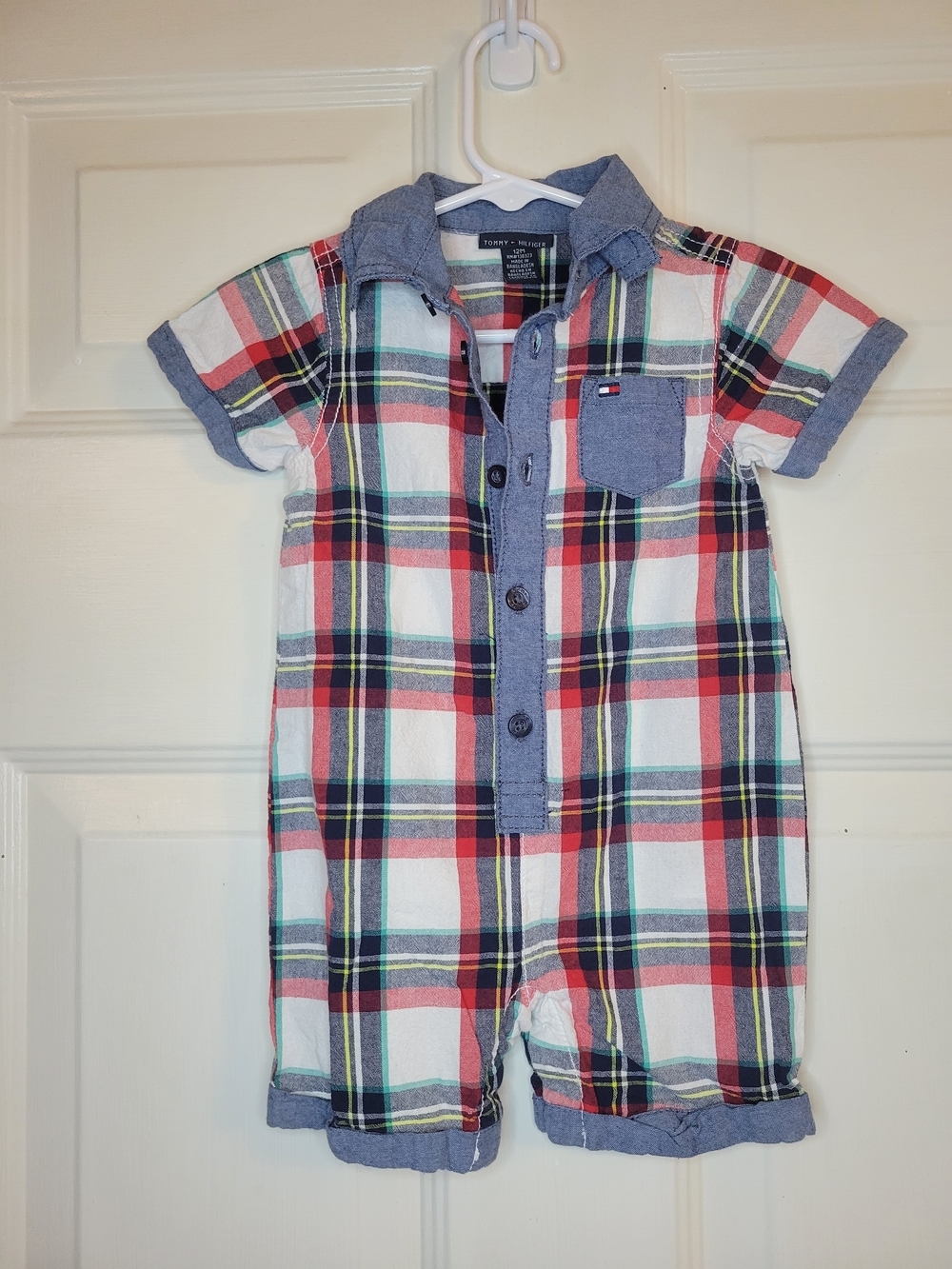 Tommy Hilfiger Blue Chambray & Multicolor Plaid Baby Romper - Picture 2 of 6